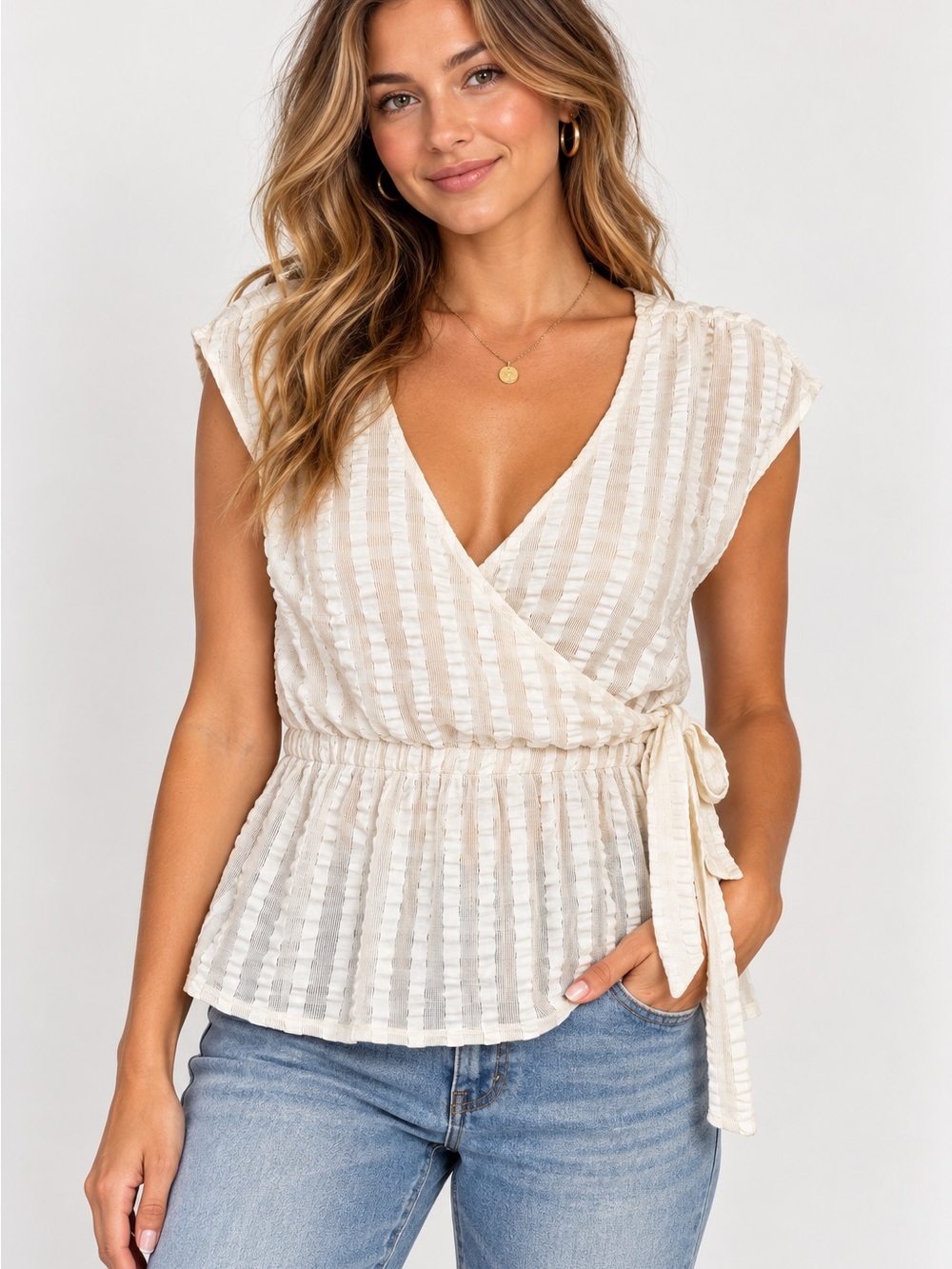 Delleta Anthropologie Women’s Cream Textured Wrap Peplum Top
